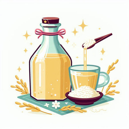 Vector illustration of a glass bottle with essential oil and a glass cup with milk.のイラスト素材