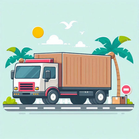 Truck on the road with palm trees. Flat style vector illustration.のイラスト素材