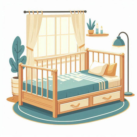 Childrens room with a bed and a window. Vector illustration.のイラスト素材