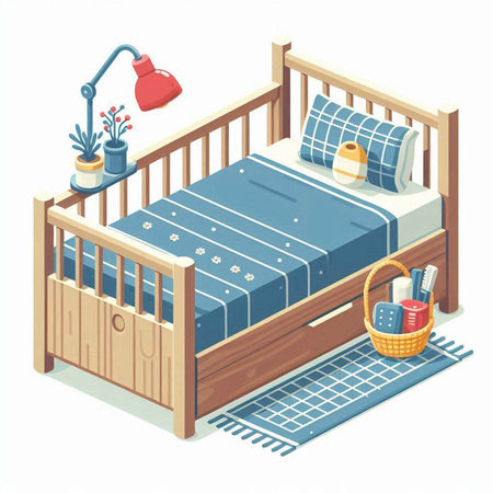 Vector illustration of a children's bedroom with a wooden bed and a basket.のイラスト素材