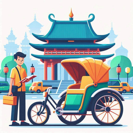 Asian tourist man in traditional clothes with rickshaw. Vector illustration in flat styleのイラスト素材