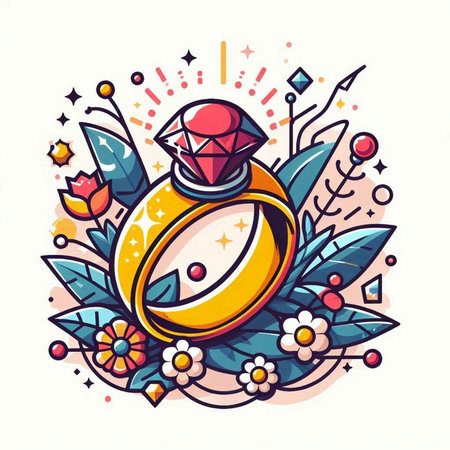 Wedding ring with gemstone and flowers. Vector illustration.のイラスト素材