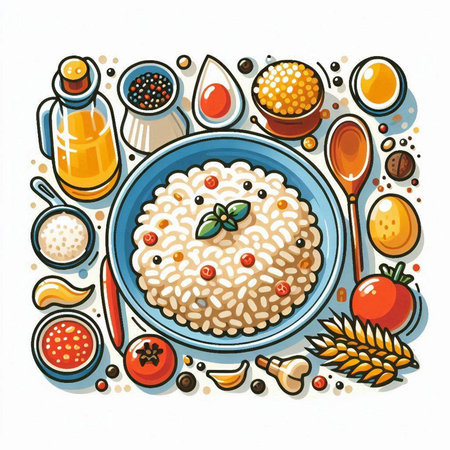 Risotto with vegetables and spices. Hand drawn vector illustration.のイラスト素材