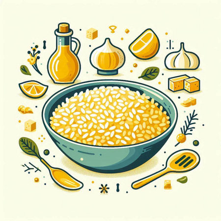 Risotto in a bowl with ingredients. Vector illustration in cartoon style.のイラスト素材