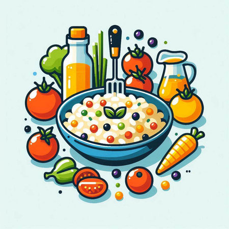 Vector illustration of a healthy breakfast in a bowl with oatmeal, tomatoes and carrots.のイラスト素材