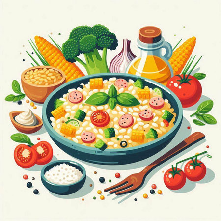 Vector illustration of a bowl of cooked rice with vegetables and spices.のイラスト素材