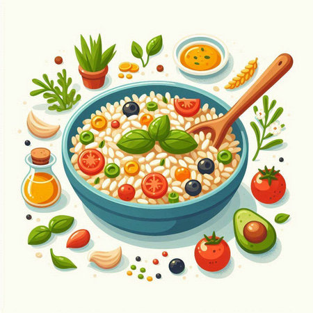 Vector illustration of a bowl of oatmeal with vegetables and spices.のイラスト素材