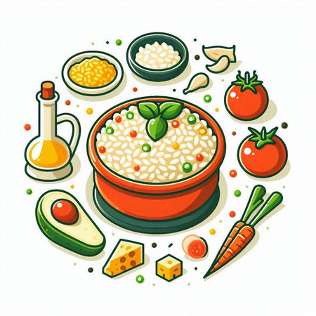 Rice porridge in bowl with vegetables and spices. Vector illustration.のイラスト素材