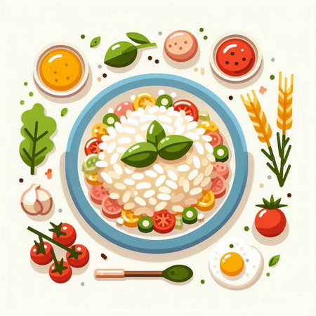Risotto with vegetables and eggs. Vector illustration in flat styleのイラスト素材