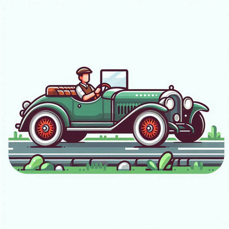 Vintage retro car on the road. Vector illustration in cartoon style.のイラスト素材