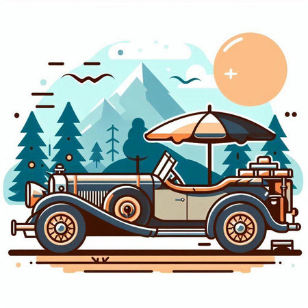 Vintage car on the road in the mountains. Vector illustration.のイラスト素材