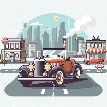 Retro car on the background of the city. Vector illustration.のイラスト素材