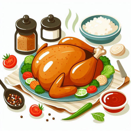 Vector illustration of roasted chicken on a plate with vegetables and spices.のイラスト素材