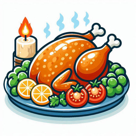 Roast chicken on a plate with vegetables and spices. Vector illustration.のイラスト素材