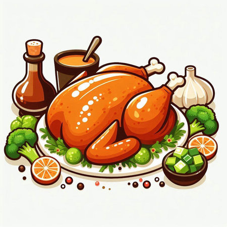 Illustration of a roasted turkey on a white background. Vector illustrationのイラスト素材