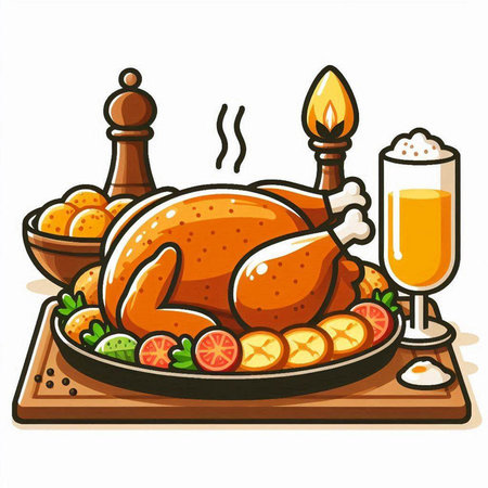 Thanksgiving day roasted turkey on plate with glass of beer. Vector illustration.のイラスト素材