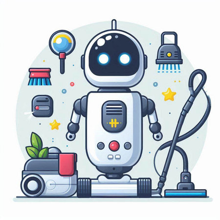 Robot with vacuum cleaner. Vector illustration in flat cartoon style.のイラスト素材