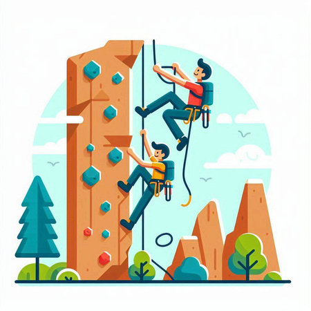 Climbing and mountaineering flat vector illustration. Cartoon man and woman climbing on rock wall. Climbing concept.のイラスト素材