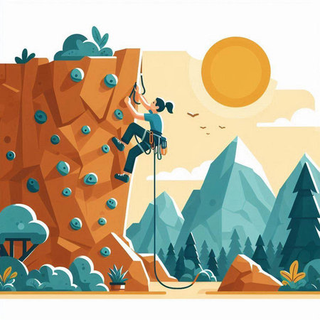 Climbing in the mountains. Vector illustration in flat style.のイラスト素材