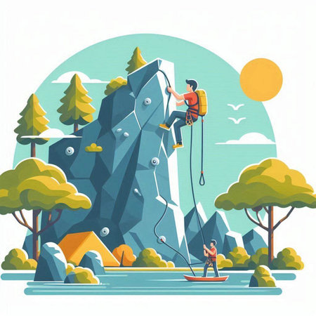 Climbing in the mountains. Vector illustration in flat style.のイラスト素材
