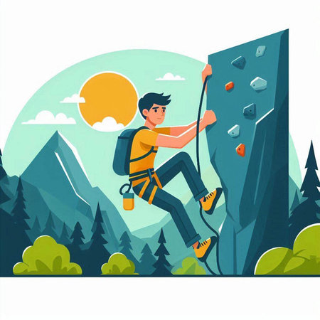 Climbing vector illustration. Man climbing a rock wall in the mountains.のイラスト素材