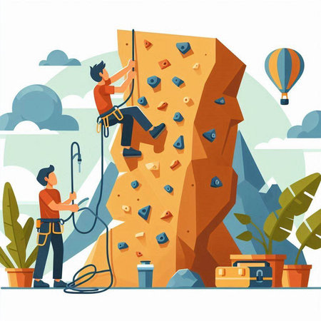 Climbing flat vector illustration. Man climbing on rock wall with rope.のイラスト素材