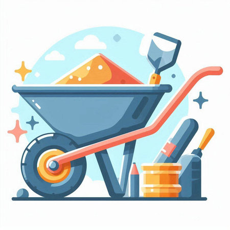 Wheelbarrow with construction tools. Vector illustration in flat style.のイラスト素材