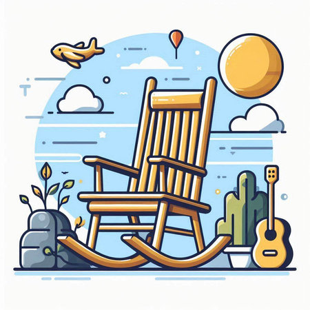 Vector illustration of rocking chair in flat line style on the background of nature.のイラスト素材
