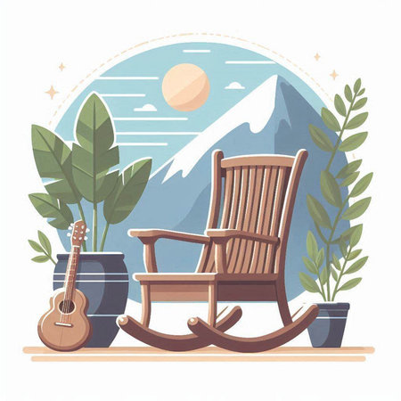 Vector illustration of wooden rocking chair, guitar, flowerpot and mountain landscape.のイラスト素材