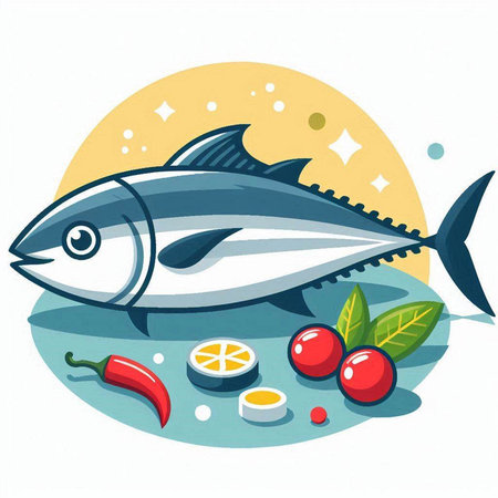 Vector illustration of a tuna fish with ingredients for cooking on a white backgroundのイラスト素材