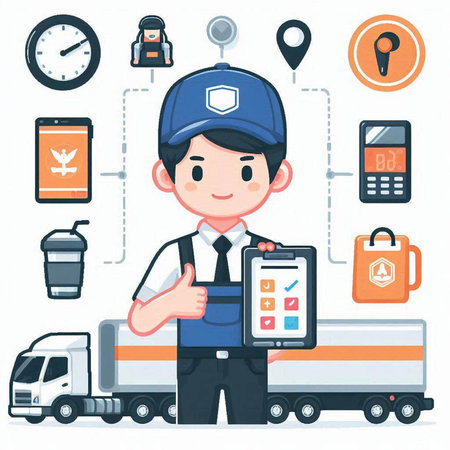 Courier with mobile phone and delivery truck. Vector illustration.のイラスト素材