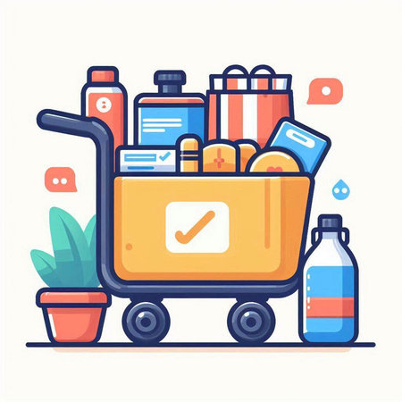 Shopping cart full of products. Vector illustration in flat style.のイラスト素材