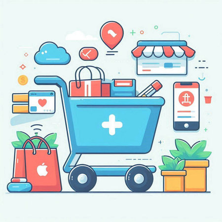 Flat line design concept of online shopping and e-commerce. Vector illustrationのイラスト素材