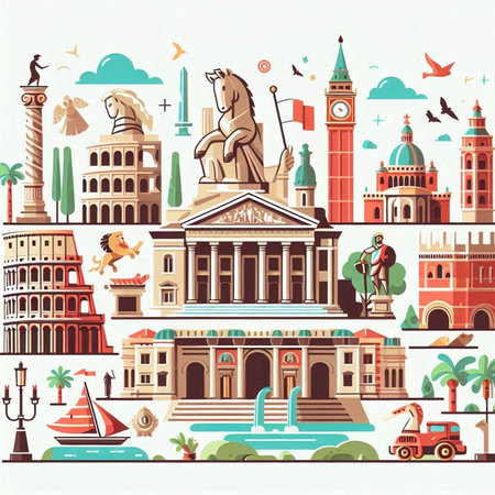 Travel to Italy. Set of famous world landmarks. Vector illustration.のイラスト素材