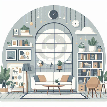 Living room interior design with furniture, window, bookshelf, sofa and plants. Vector illustration.のイラスト素材