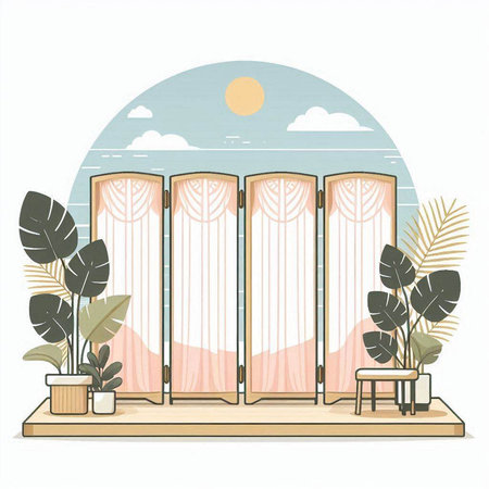 Window with curtains and plants. Vector illustration in flat design style.のイラスト素材