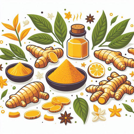 Ginger, turmeric, ginger root, powder, honey, spices. Hand drawn vector illustration.のイラスト素材
