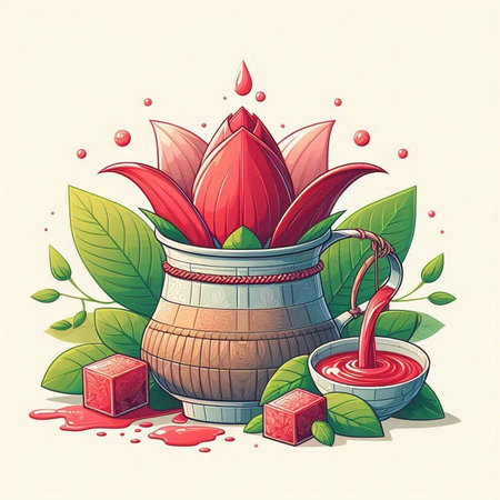 Ceramic pot with red flower and green leaves. Vector illustration.のイラスト素材