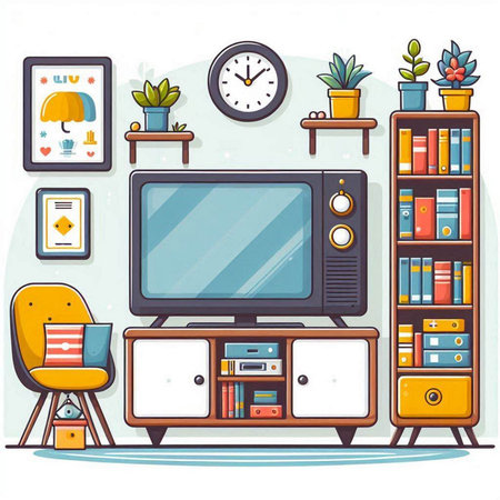 Living room interior with TV, bookshelf, armchair and plants. Cartoon vector illustration.のイラスト素材