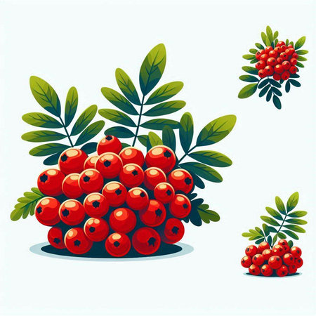 Bunch of red rowan berries with green leaves. Vector illustration.のイラスト素材
