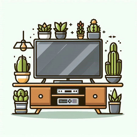 Illustration of home interior with TV, cactus and succulentsのイラスト素材
