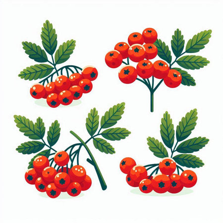 Set of red rowan berries with green leaves. Vector illustration.のイラスト素材