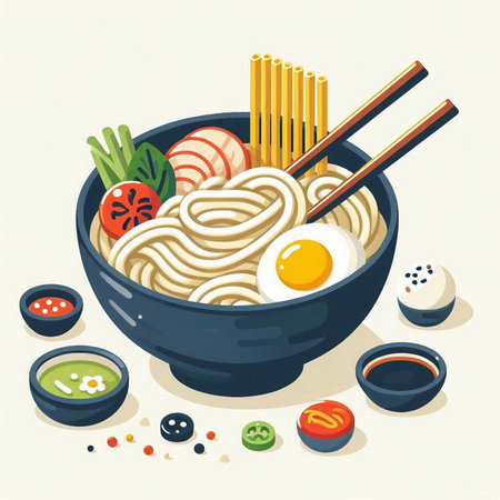 Japanese ramen noodle in bowl with chopsticks. Vector illustration.のイラスト素材