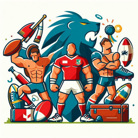 Vector illustration of a group of rugby players and sports equipment. Cartoon style.のイラスト素材