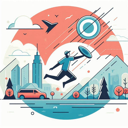 Vector illustration in flat linear style. Man flying in the sky with a target in his hand on the background of the cityのイラスト素材