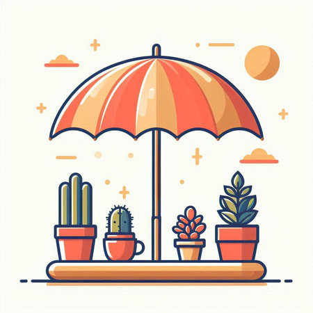 Colorful flat vector illustration of an umbrella protecting plants in pots.のイラスト素材