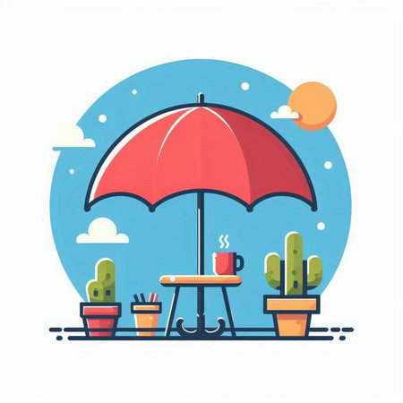 Vector illustration of a coffee shop with an umbrella and a table.のイラスト素材
