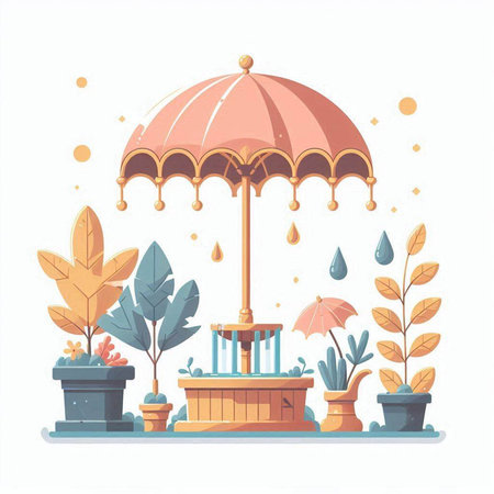 Vector illustration in flat cartoon style with umbrella, rain drops and plants.のイラスト素材