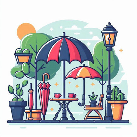 Outdoor cafe with tables, chairs and umbrellas. Vector illustrationのイラスト素材