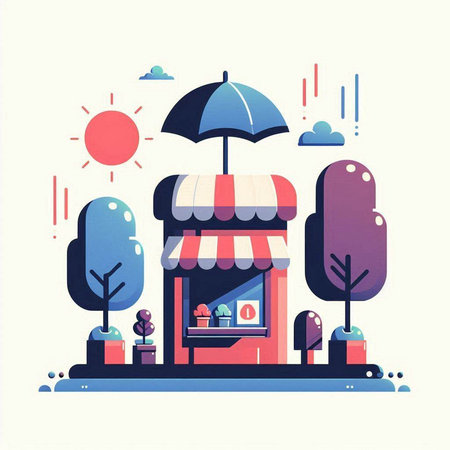 Vector illustration of a small shop with an umbrella and trees in the backgroundのイラスト素材